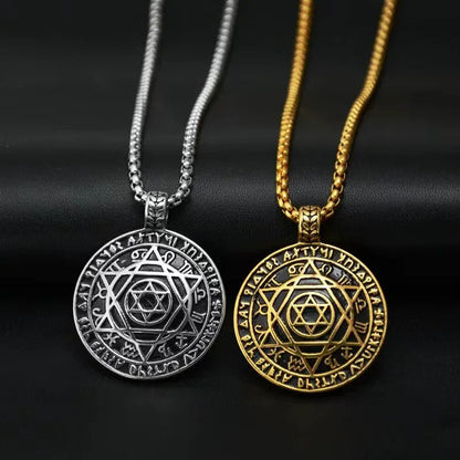 Amulet Seal Solomon Hexagram 12 Signs of the Zodiac Pendant Stainless Steel Necklace