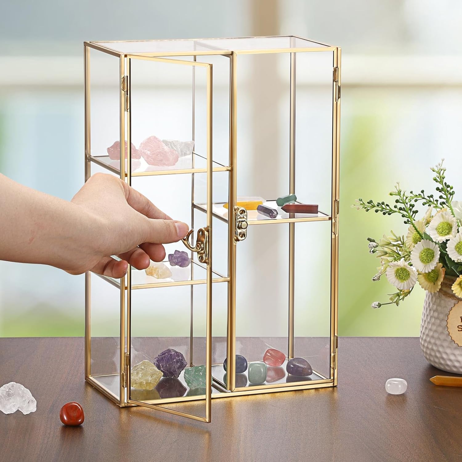 Glass Display Case for Collectibles, 5 Slots Crystal Display Shelf, Crystal Hold