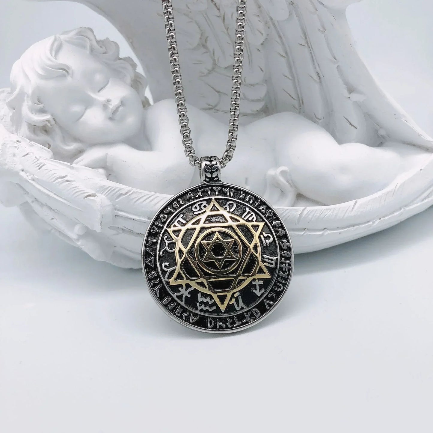 Amulet Seal Solomon Hexagram 12 Signs of the Zodiac Pendant Stainless Steel Necklace