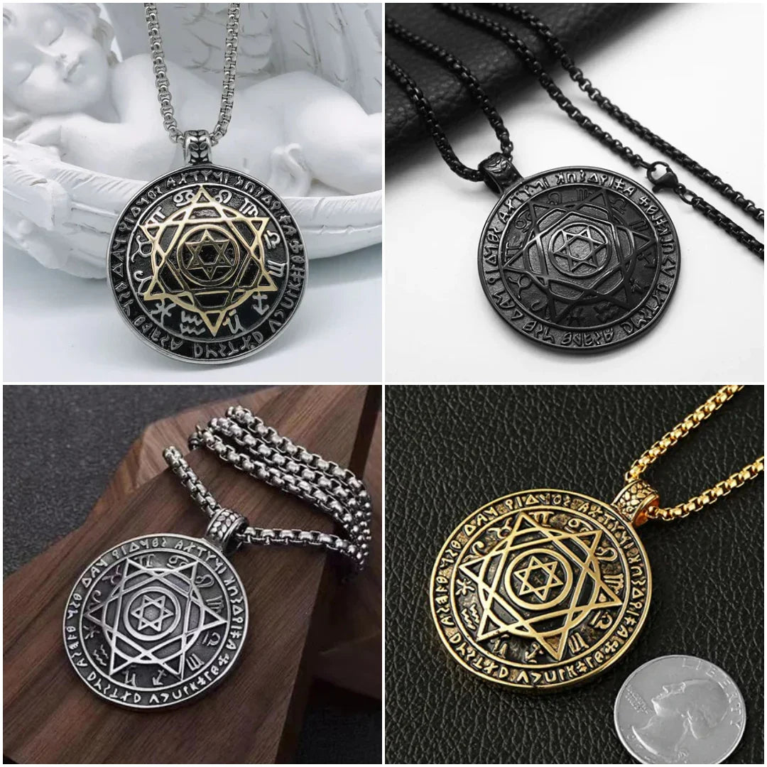 Amulet Seal Solomon Hexagram 12 Signs of the Zodiac Pendant Stainless Steel Necklace