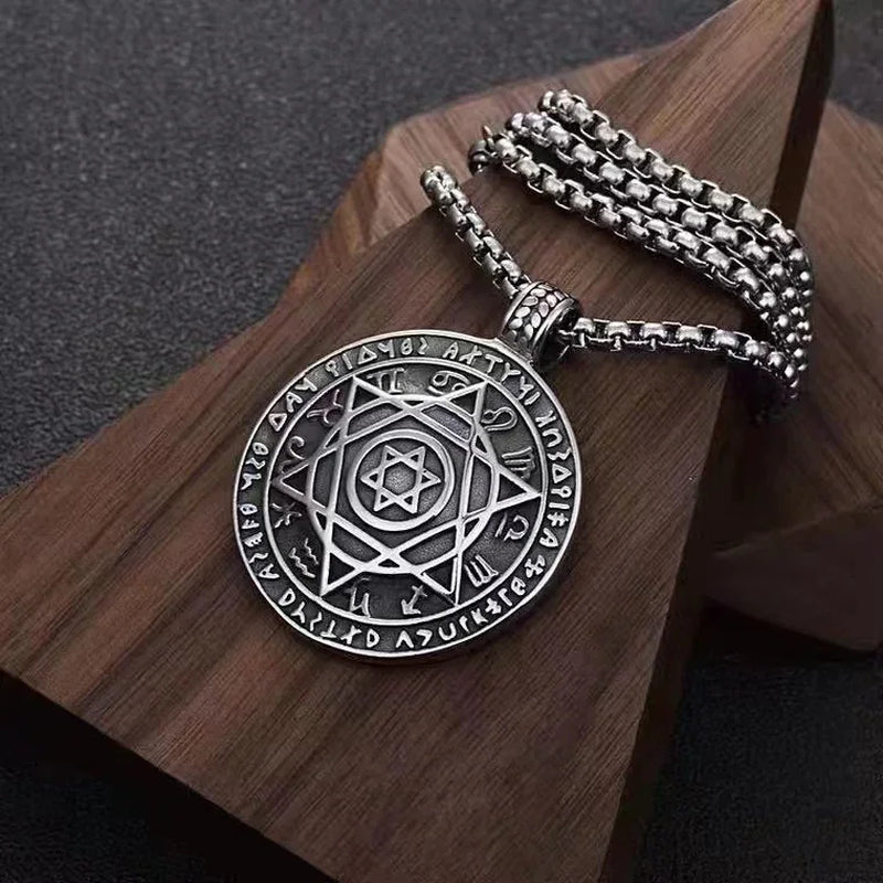 Amulet Seal Solomon Hexagram 12 Signs of the Zodiac Pendant Stainless Steel Necklace