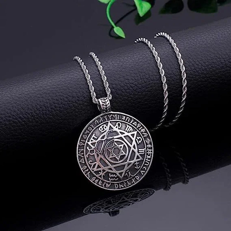 Amulet Seal Solomon Hexagram 12 Signs of the Zodiac Pendant Stainless Steel Necklace