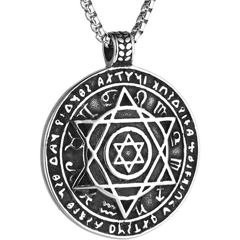 Amulet Seal Solomon Hexagram 12 Signs of the Zodiac Pendant Stainless Steel Necklace