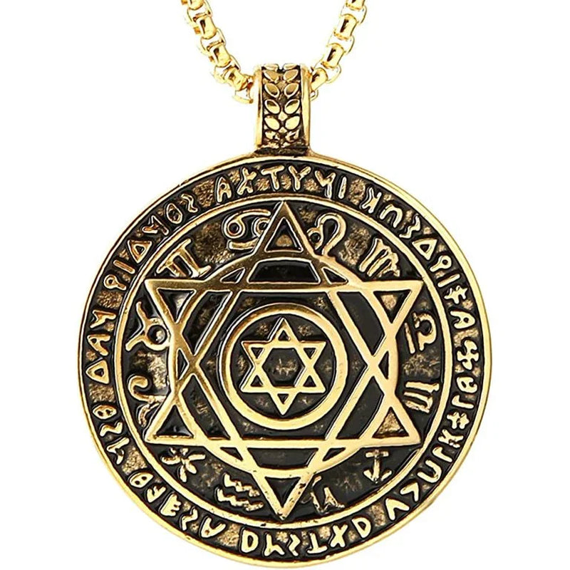 Amulet Seal Solomon Hexagram 12 Signs of the Zodiac Pendant Stainless Steel Necklace