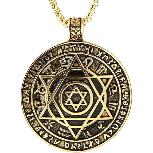 Amulet Seal Solomon Hexagram 12 Signs of the Zodiac Pendant Stainless Steel Necklace