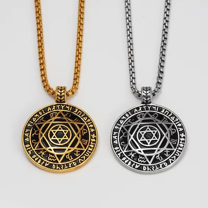 Amulet Seal Solomon Hexagram 12 Signs of the Zodiac Pendant Stainless Steel Necklace
