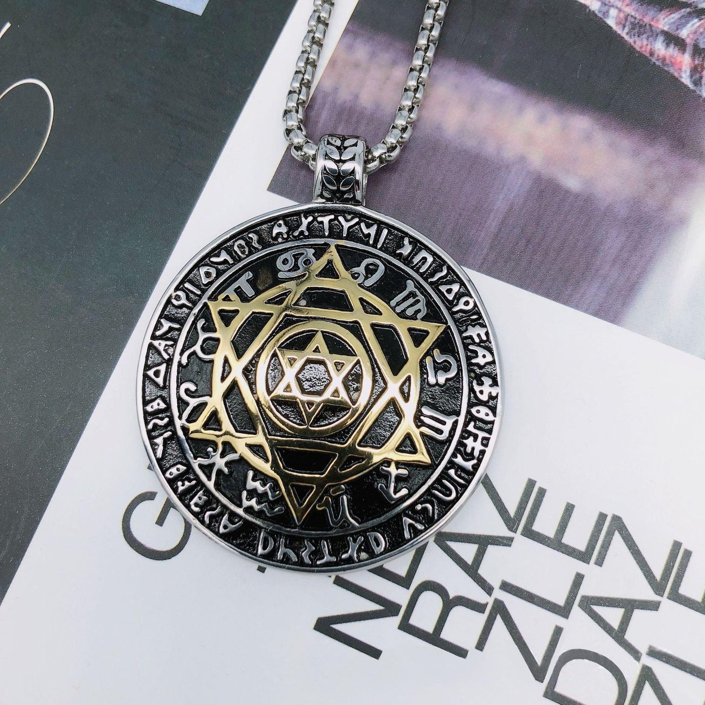 Amulet Seal Solomon Hexagram 12 Signs of the Zodiac Pendant Stainless Steel Necklace