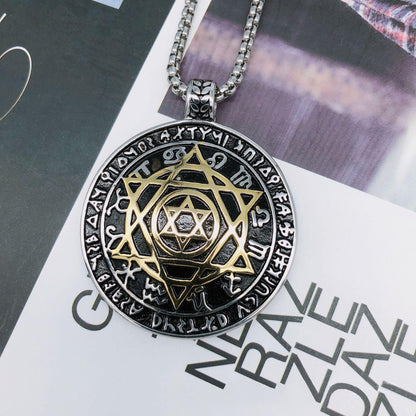 Amulet Seal Solomon Hexagram 12 Signs of the Zodiac Pendant Stainless Steel Necklace